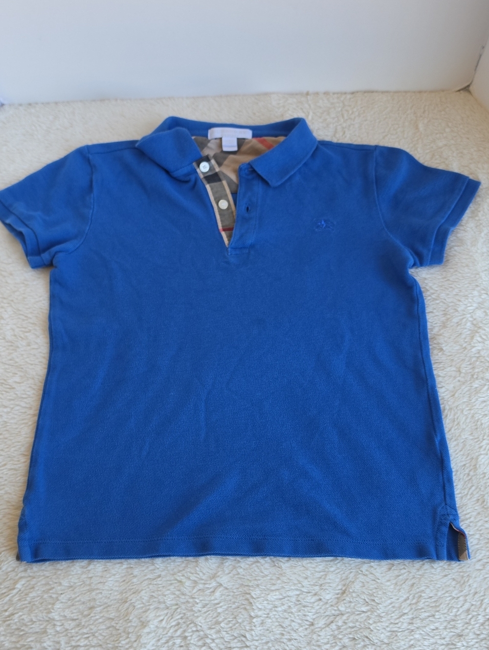 Burberry Kids Blue Polo Shirt with Vintage Check Collar 10Y / 140cm